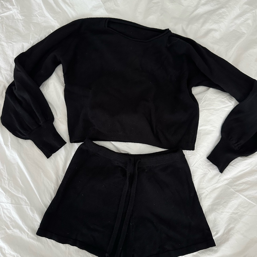 Black Long Sleeve Sweater Crop Top and Shorts Set